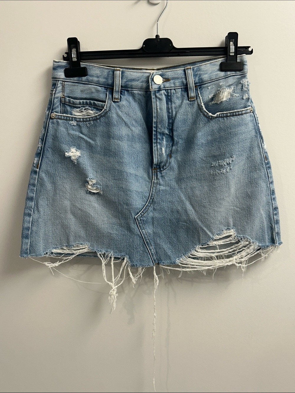 Frame Denim Light Blue Distressed Denim Mini Skirt